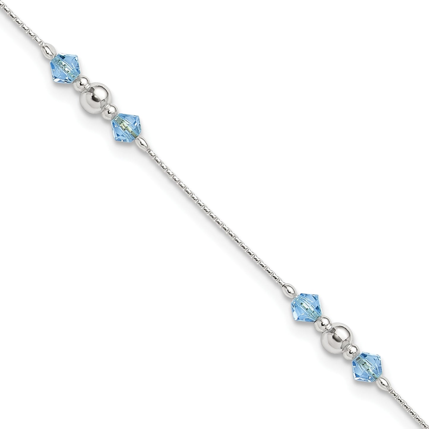 Sterling Silver Bead and Blue CZ 9 inch Plus 1 inch Extender - Total 10 inch Anklet