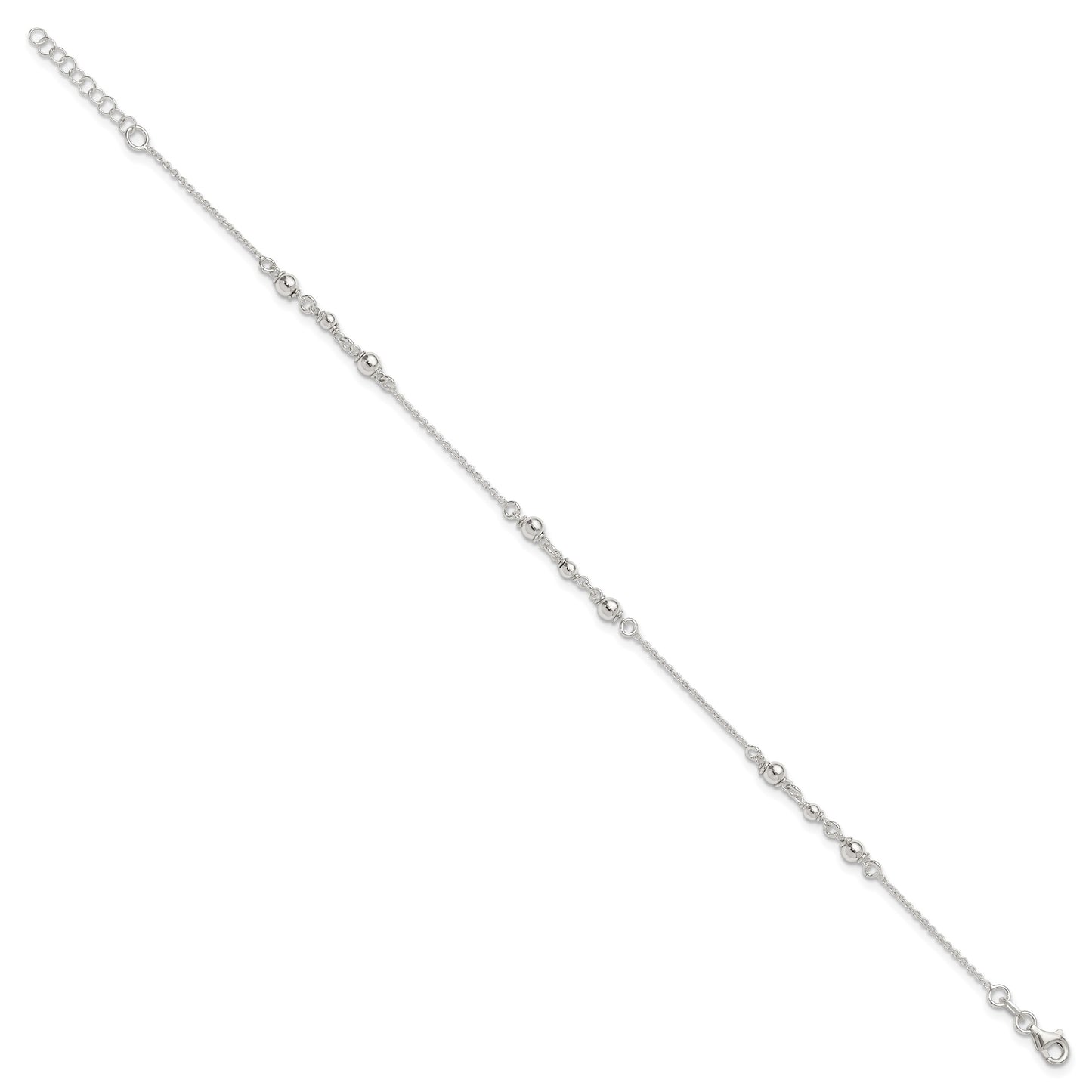 Sterling Silver Beaded 9 inch Plus 1 inch Extender - Total 10 inch Anklet