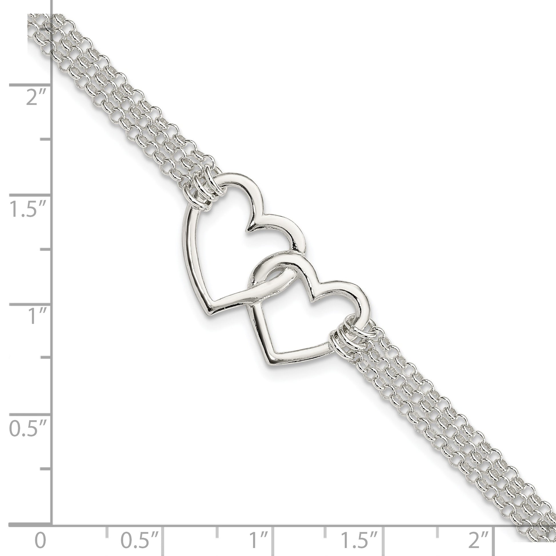 Sterling Silver Polished 3-strand w/.5in. Ext. Heart Bracelet