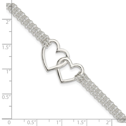 Sterling Silver Polished 3-strand w/.5in. Ext. Heart Bracelet
