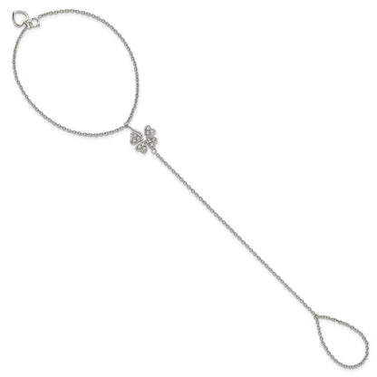 Sterling Silver RH-plat Polished CZ Four Leaf Clover Attached Ring/Bracelet
