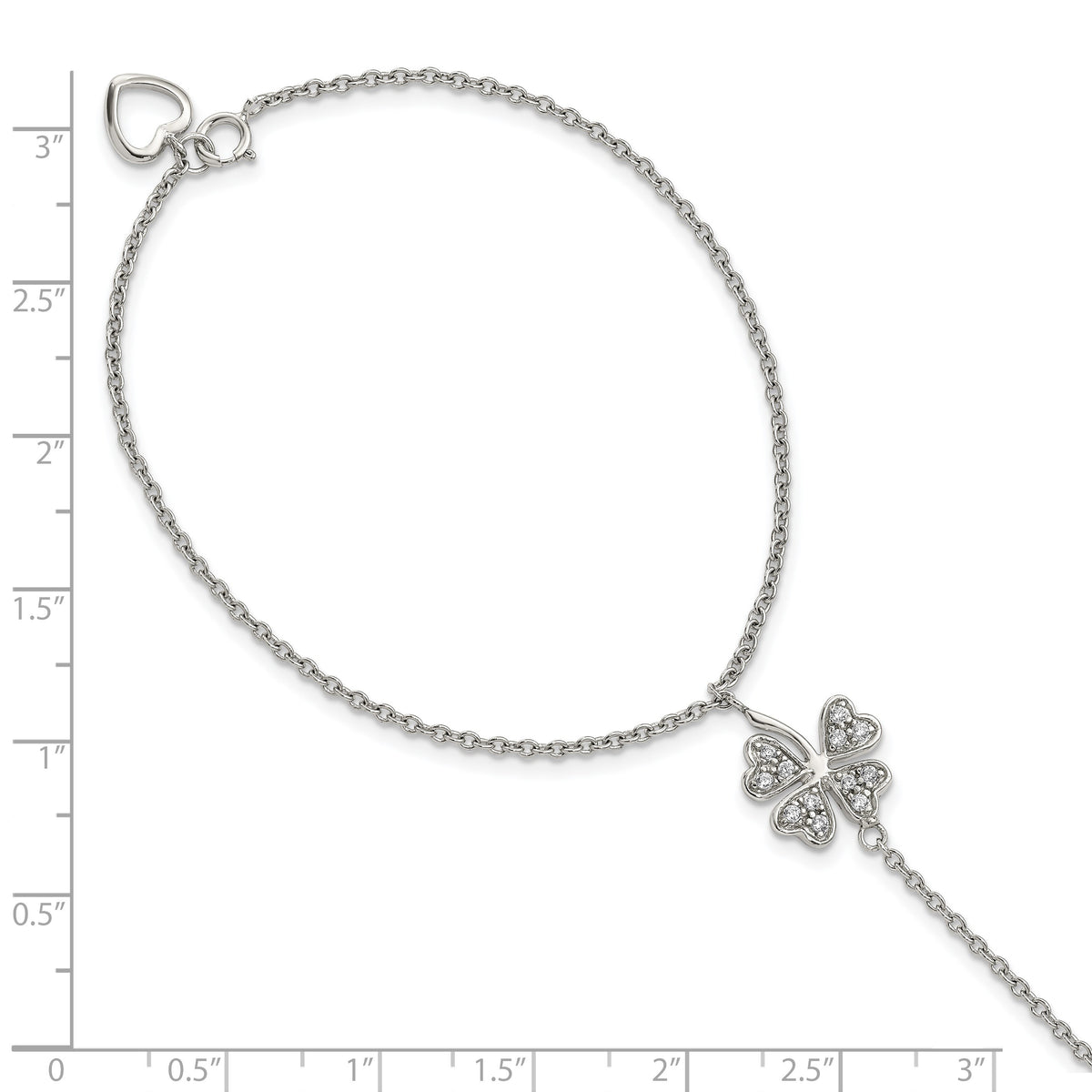 Sterling Silver RH-plat Polished CZ Four Leaf Clover Attached Ring/Bracelet
