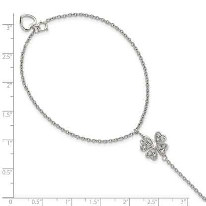 Sterling Silver RH-plat Polished CZ Four Leaf Clover Attached Ring/Bracelet