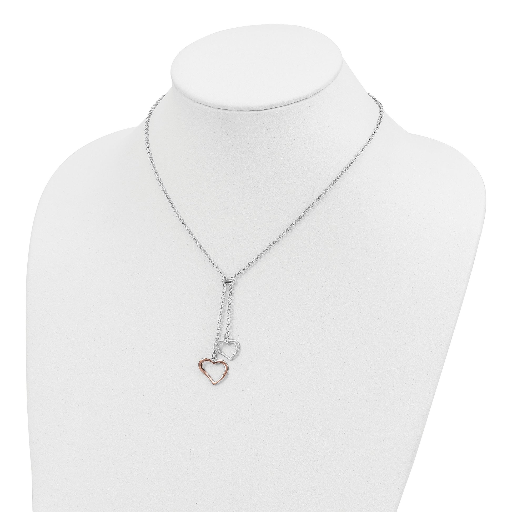 Sterling Silver Rose-tone Polished Textured 2-Heart Necklace