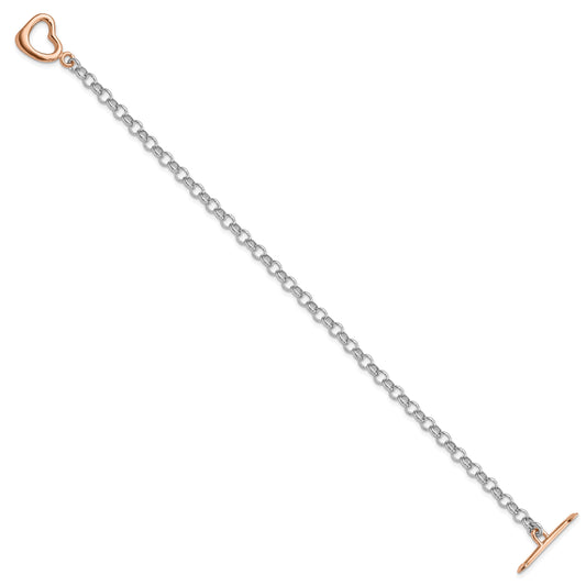 Sterling Silver Rhodium-plated Rose-tone Rolo w/Heart Bracelet