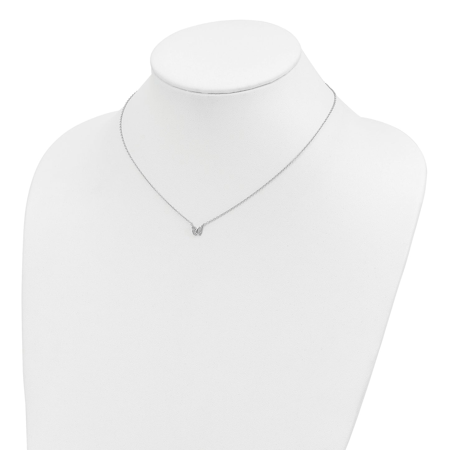 Sterling Silver Rhodium-plated Polished CZ Butterfly 16 Inch Necklace with 2 Inch extension