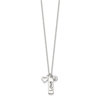 Sterling Silver Antiqued/Polished CZ LOVE Heart w/1in ext Necklace