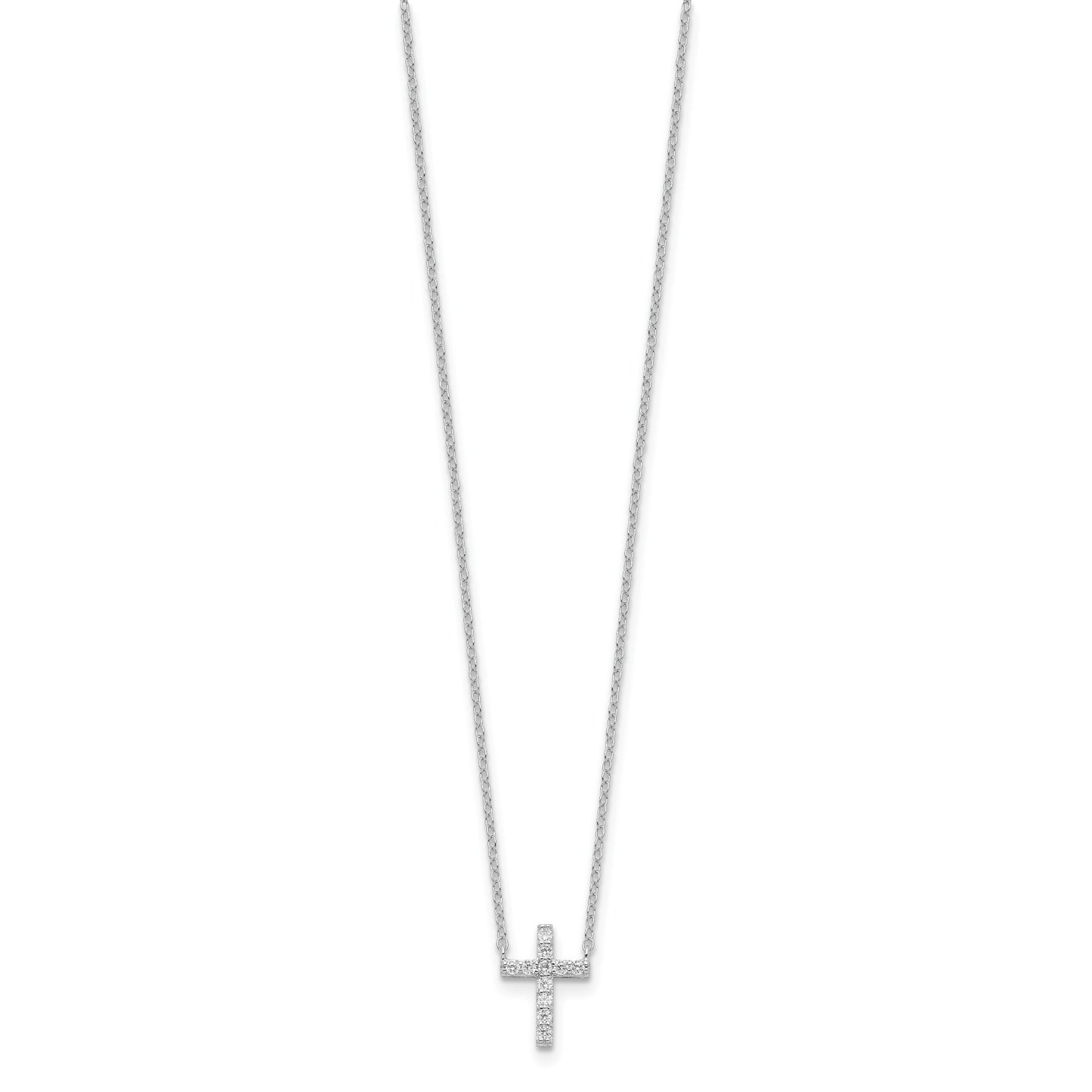 Sterling Silver Rhodium-plated CZ Cross w/2in ext. Necklace