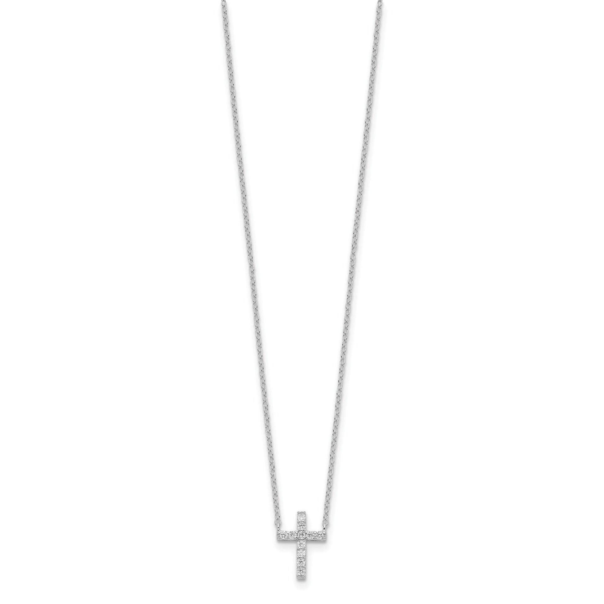 Sterling Silver Rhodium-plated CZ Cross w/2in ext. Necklace