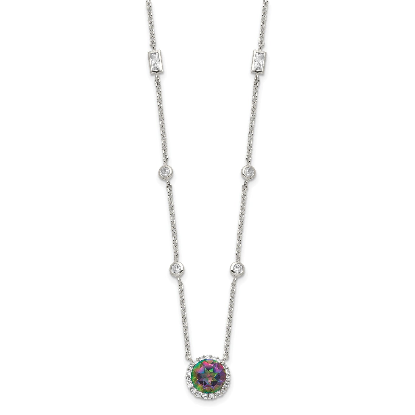 Sterling Silver RH-plated Dark Mystic CZ Halo Pendant on 10-Station Necklac