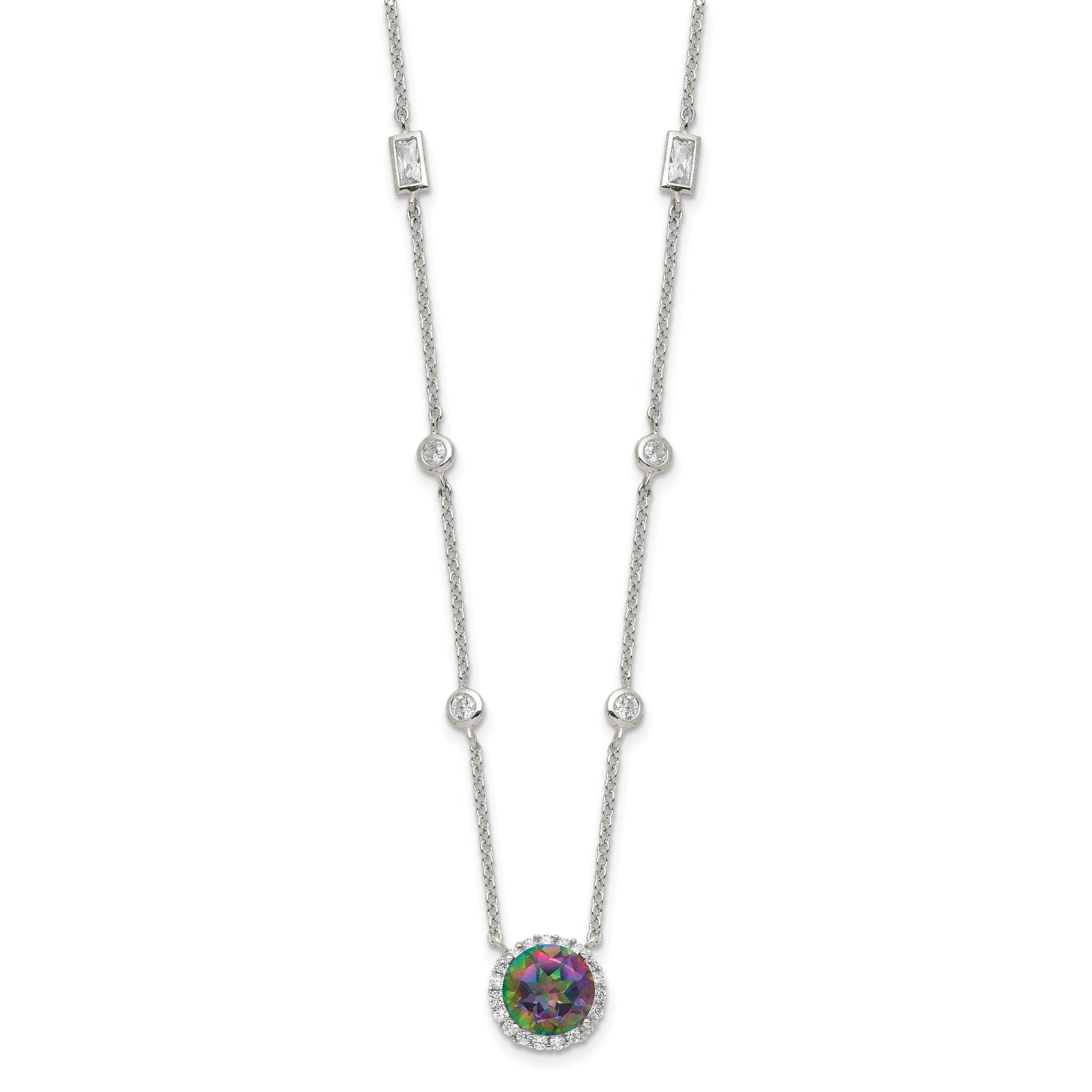 Sterling Silver RH-plated Dark Mystic CZ Halo Pendant on 10-Station Necklac