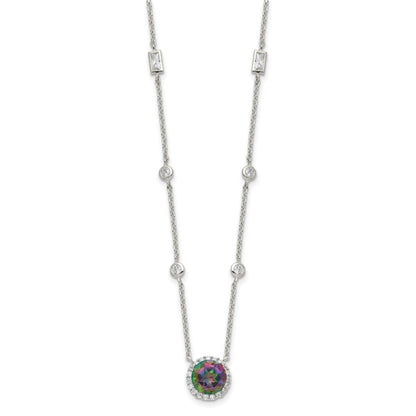 Sterling Silver RH-plated Dark Mystic CZ Halo Pendant on 10-Station Necklac