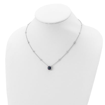 Sterling Silver RH-plated Dark Mystic CZ Halo Pendant on 10-Station Necklac