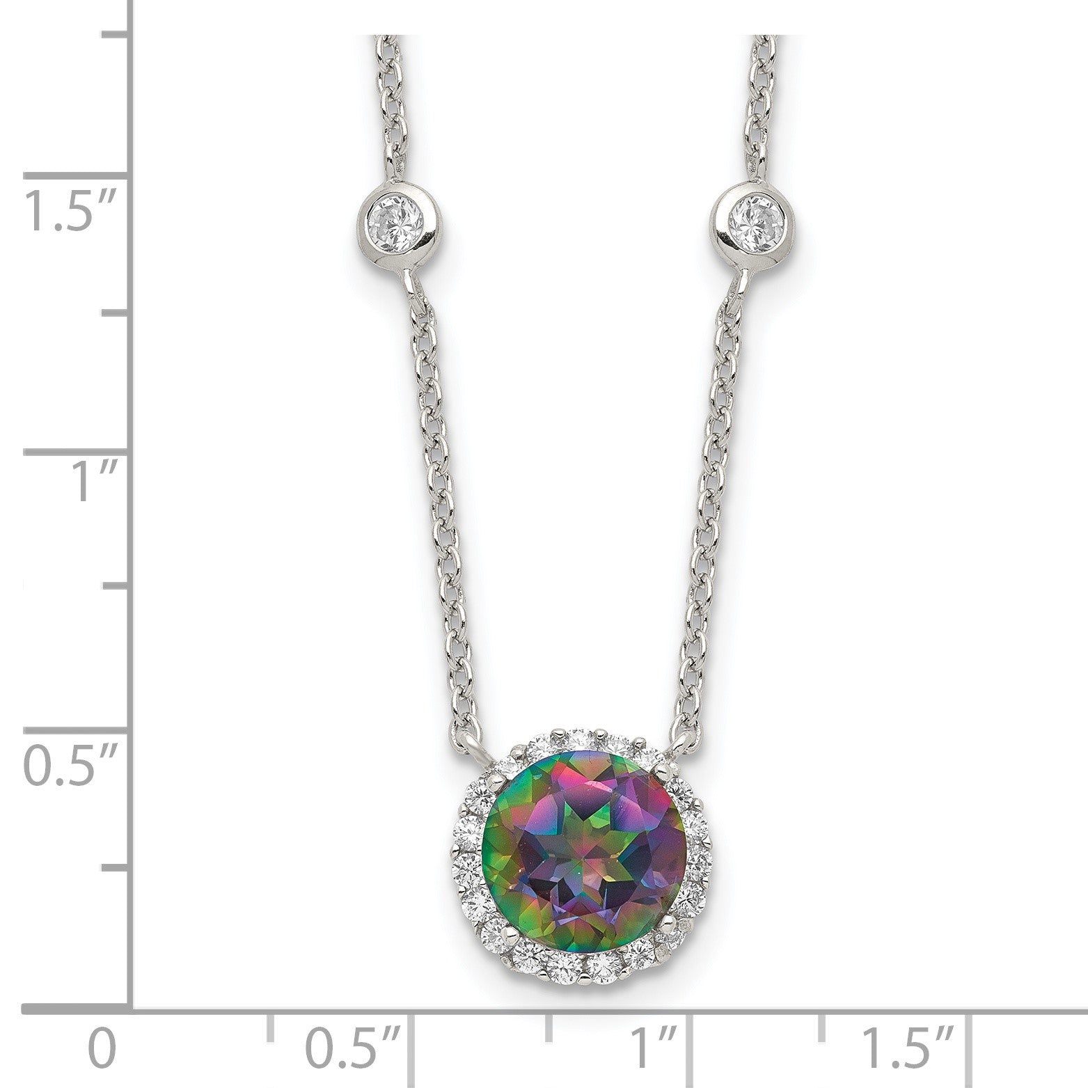 Sterling Silver RH-plated Dark Mystic CZ Halo Pendant on 10-Station Necklac