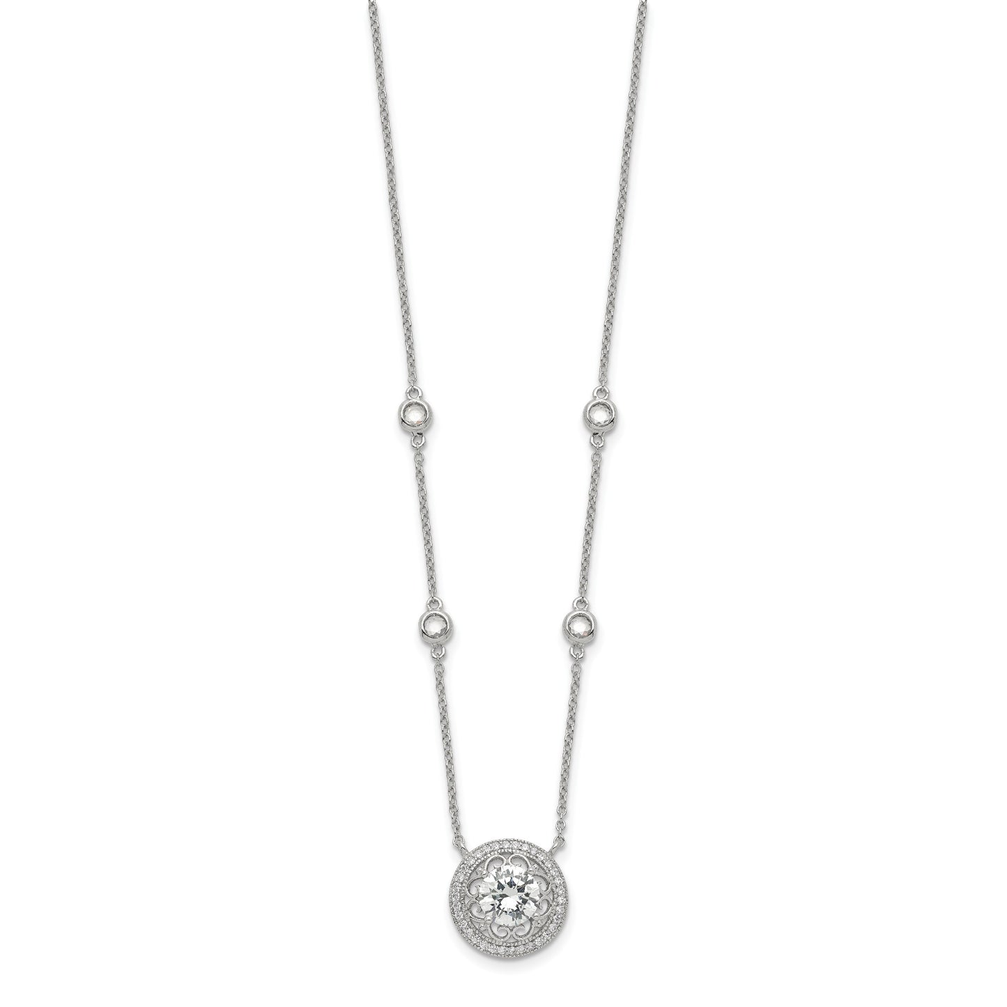 Sterling Silver RH-plated Round CZ Pendant w/2in. ext. 4-Station Necklace