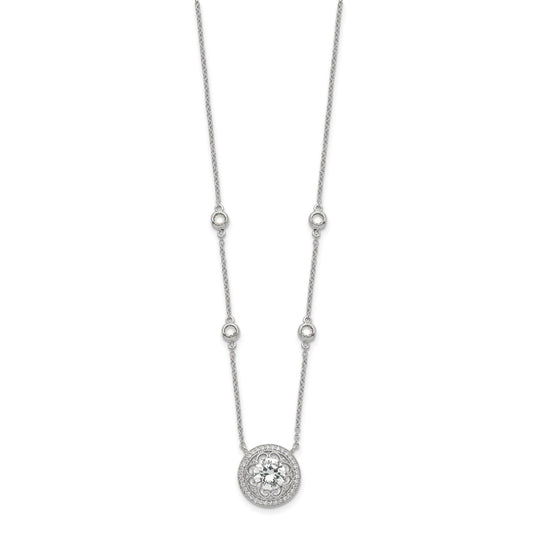 Sterling Silver RH-plated Round CZ Pendant w/2in. ext. 4-Station Necklace