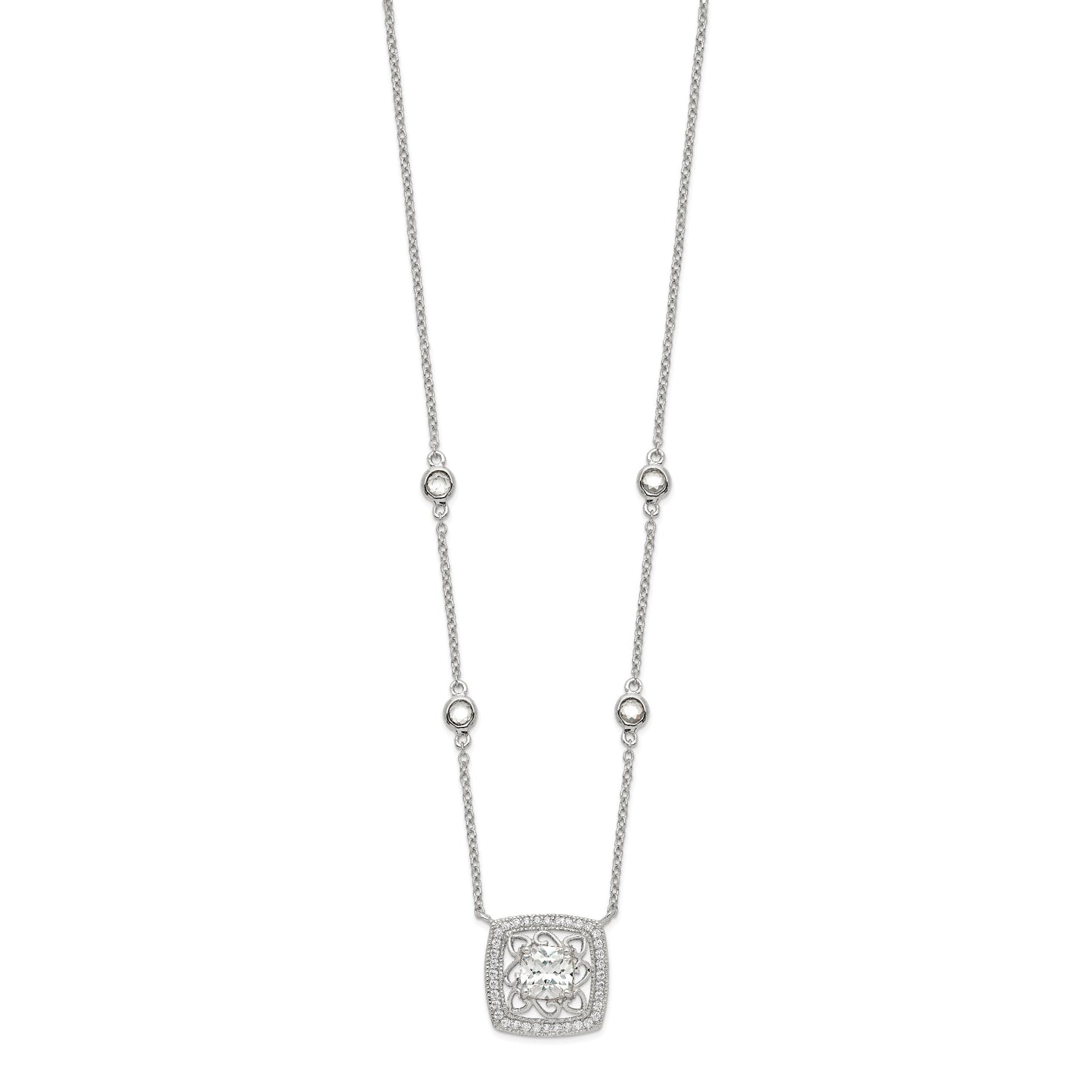 Sterling Silver Rhod-pltd Square CZ Pendant w/2in ext 4-Station Necklace