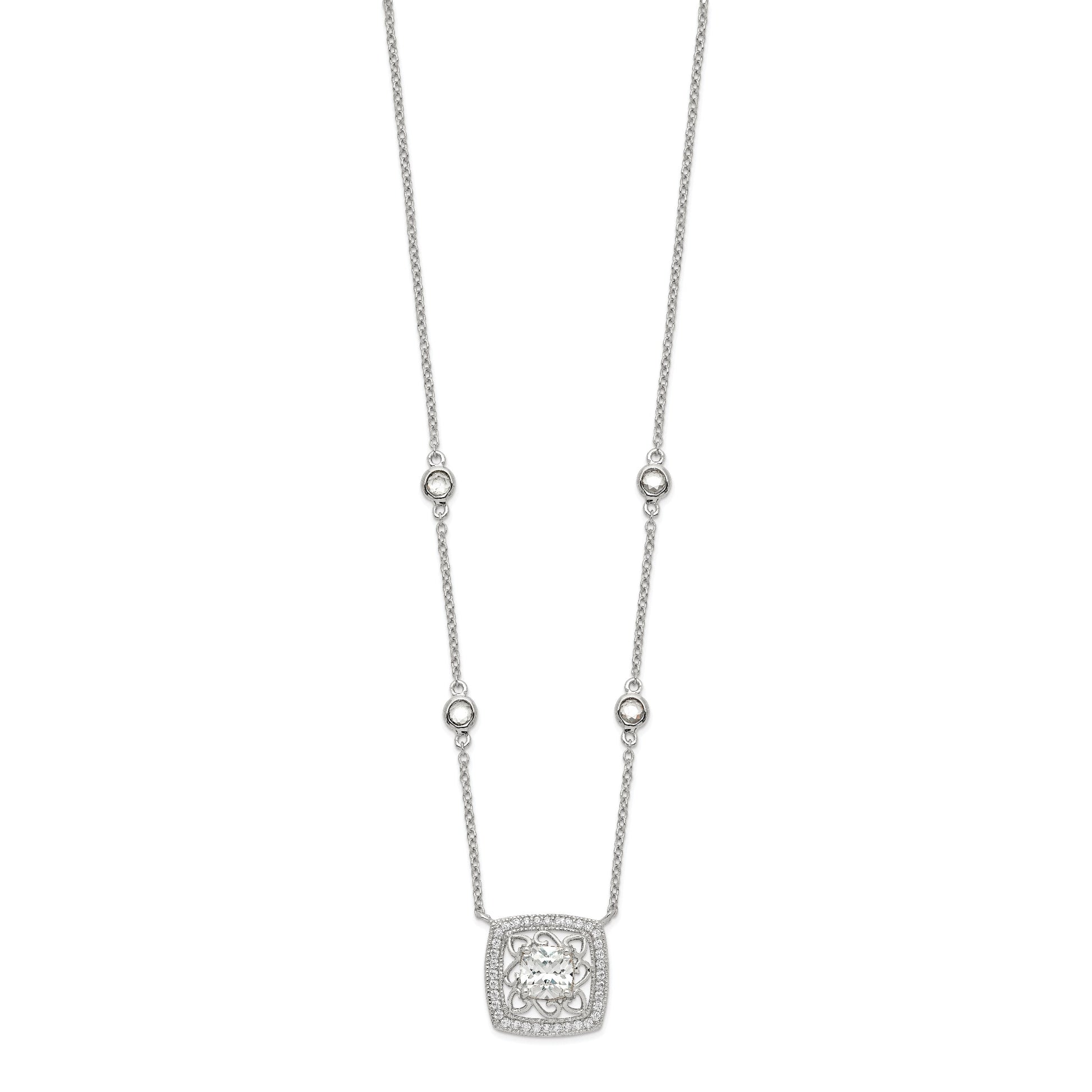 Sterling Silver Rhod-pltd Square CZ Pendant w/2in ext 4-Station Necklace