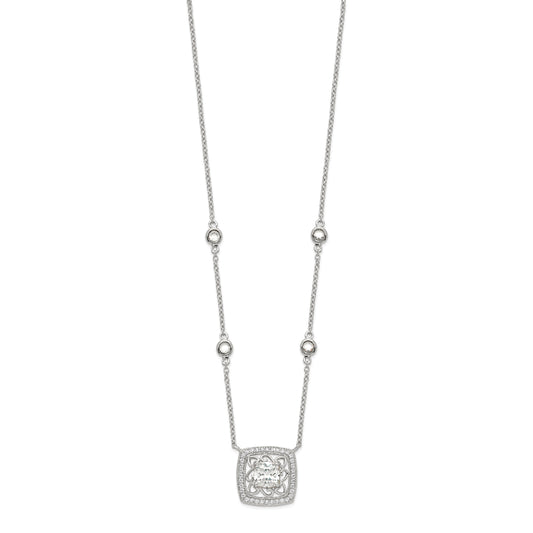Sterling Silver Rhod-pltd Square CZ Pendant w/2in ext 4-Station Necklace