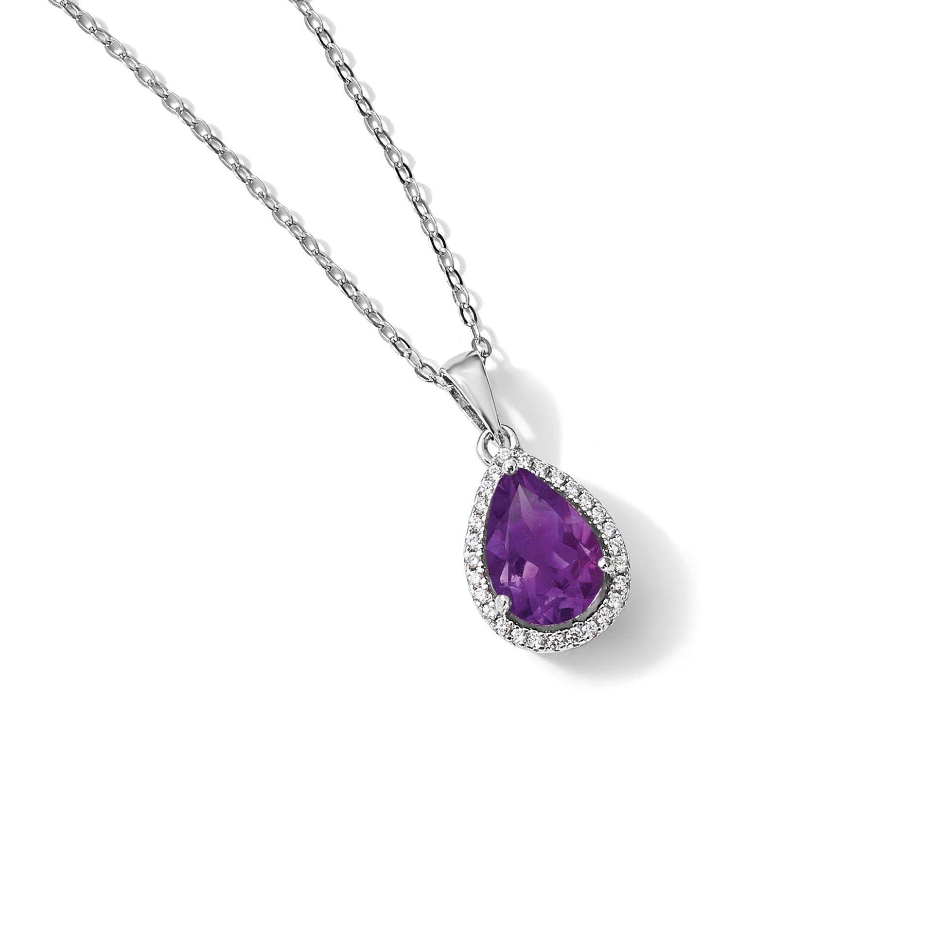Sterling Silver Rhodium Polished Amethyst & CZ Necklace