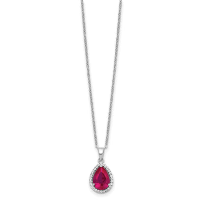 Sterling Silver 18in Rhodium Plated Polished Clear CZ and Lab Created Ruby Pear Shaped Necklace
