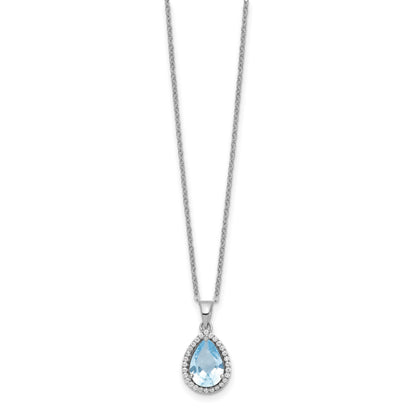 Sterling Silver Rhodium Polished Imitation Aquamarine & CZ Necklace