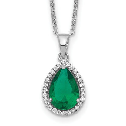 Sterling Silver Rhodium Simulated Emerald & CZ Necklace