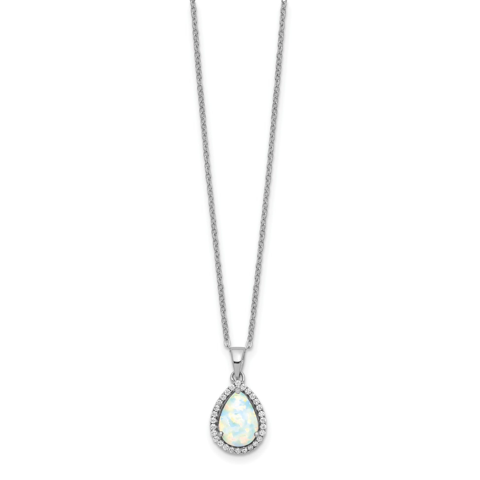 Sterling Silver Rhodium Polished Simulated Opal & CZ Necklace