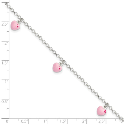 Sterling Silver Polished Pink Enameled Hearts Children's Bracelet