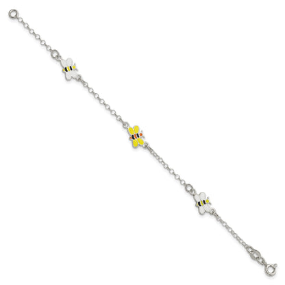 Sterling Silver Polished and Enameled Bees 5 inch Plus 1 inch Extension Children's Bracelet