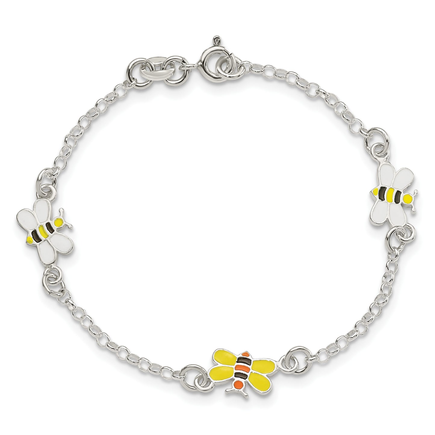 Sterling Silver Polished and Enameled Bees 5 inch Plus 1 inch Extension Children's Bracelet