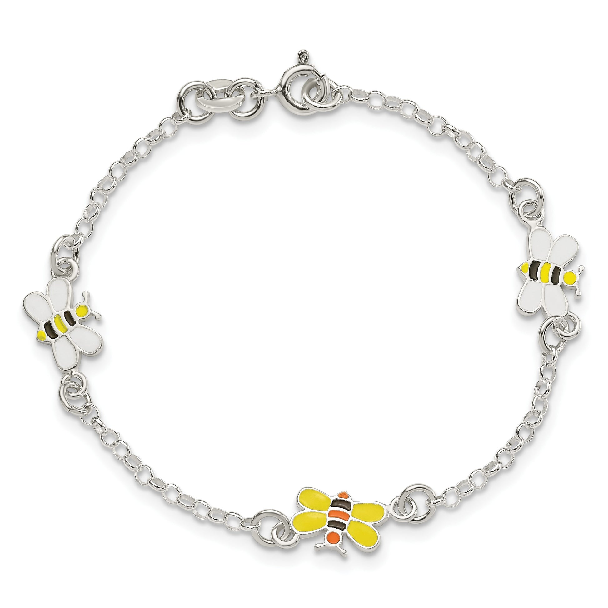 Sterling Silver Polished and Enameled Bees 5 inch Plus 1 inch Extension Children's Bracelet