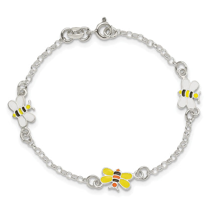 Sterling Silver Polished and Enameled Bees 5 inch Plus 1 inch Extension Children's Bracelet