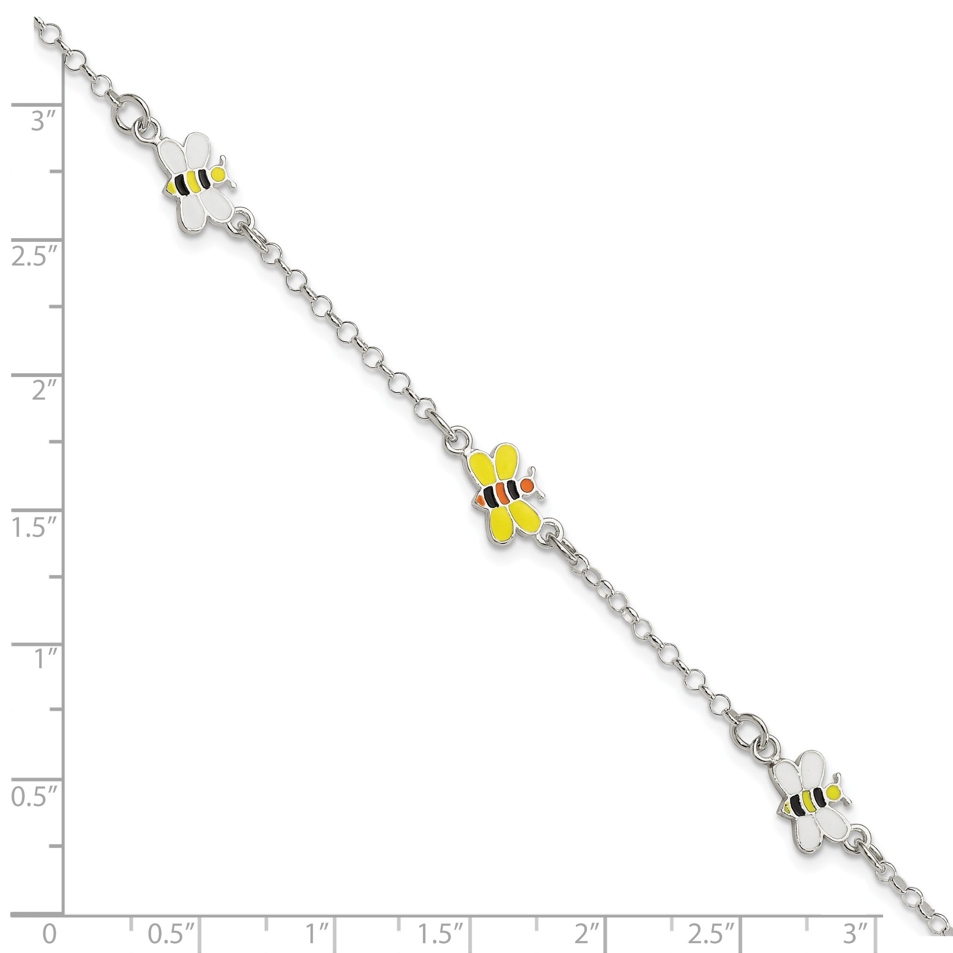 Sterling Silver Polished and Enameled Bees 5 inch Plus 1 inch Extension Children's Bracelet