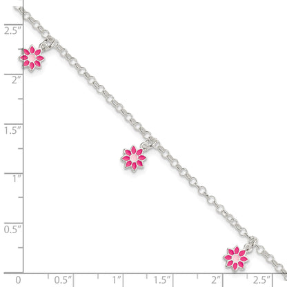 Sterling Silver Polished Pink Enameled Flowers Children's Bracelet