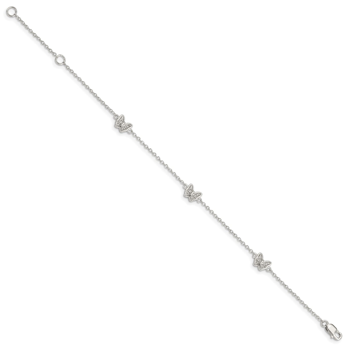 Sterling Silver Rhodium-plated Polished CZ Butterflies 6 inch Bracelet with 1 inch extension