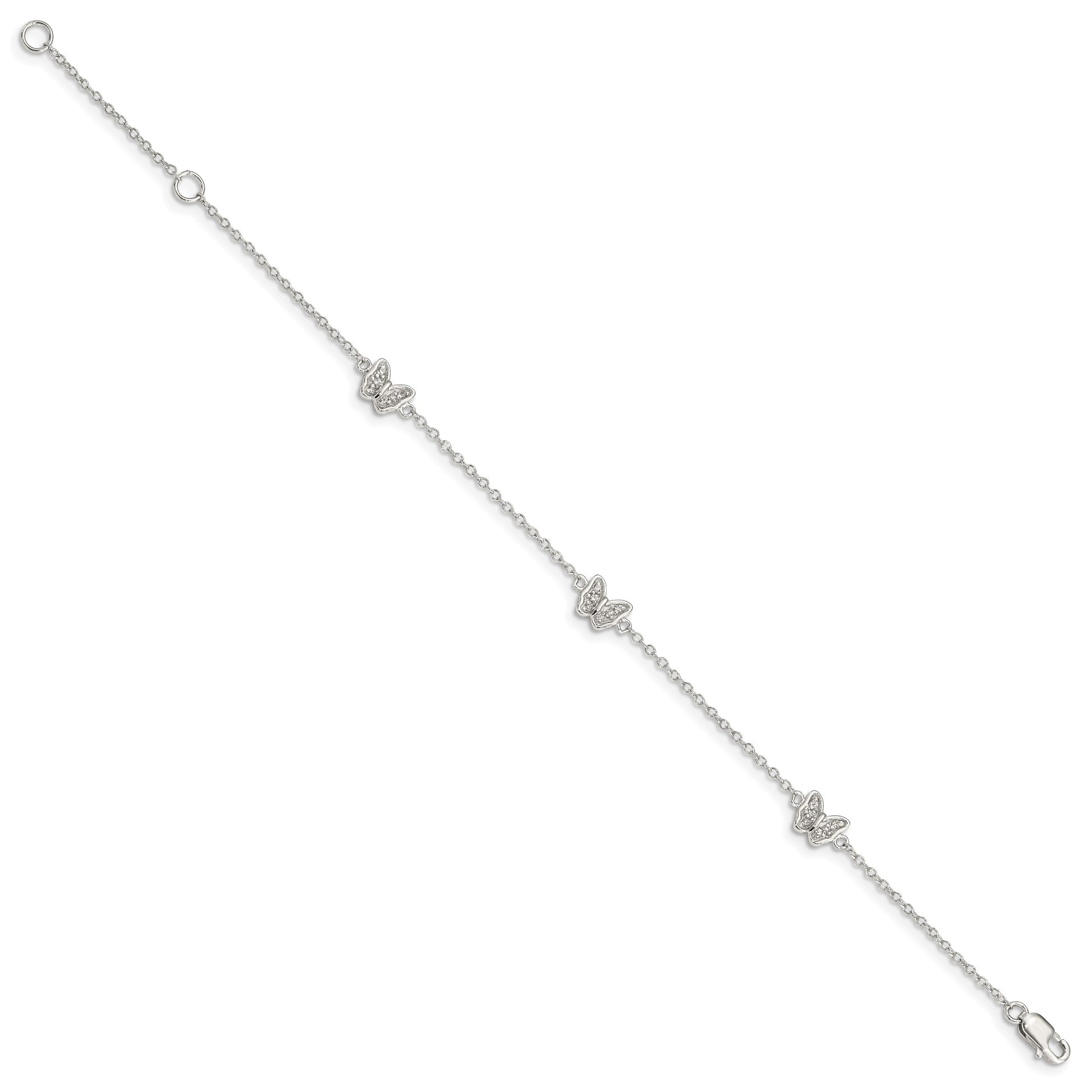 Sterling Silver Rhodium-plated Polished CZ Butterflies 6 inch Bracelet with 1 inch extension