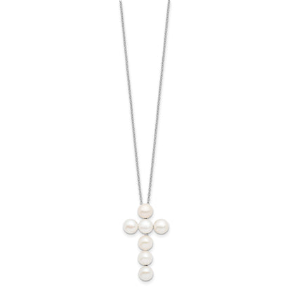 Sterling Silver Rhodium-plated 6-7mm White Button Freshwater Cultured Pearl Cross 17 inch Necklace