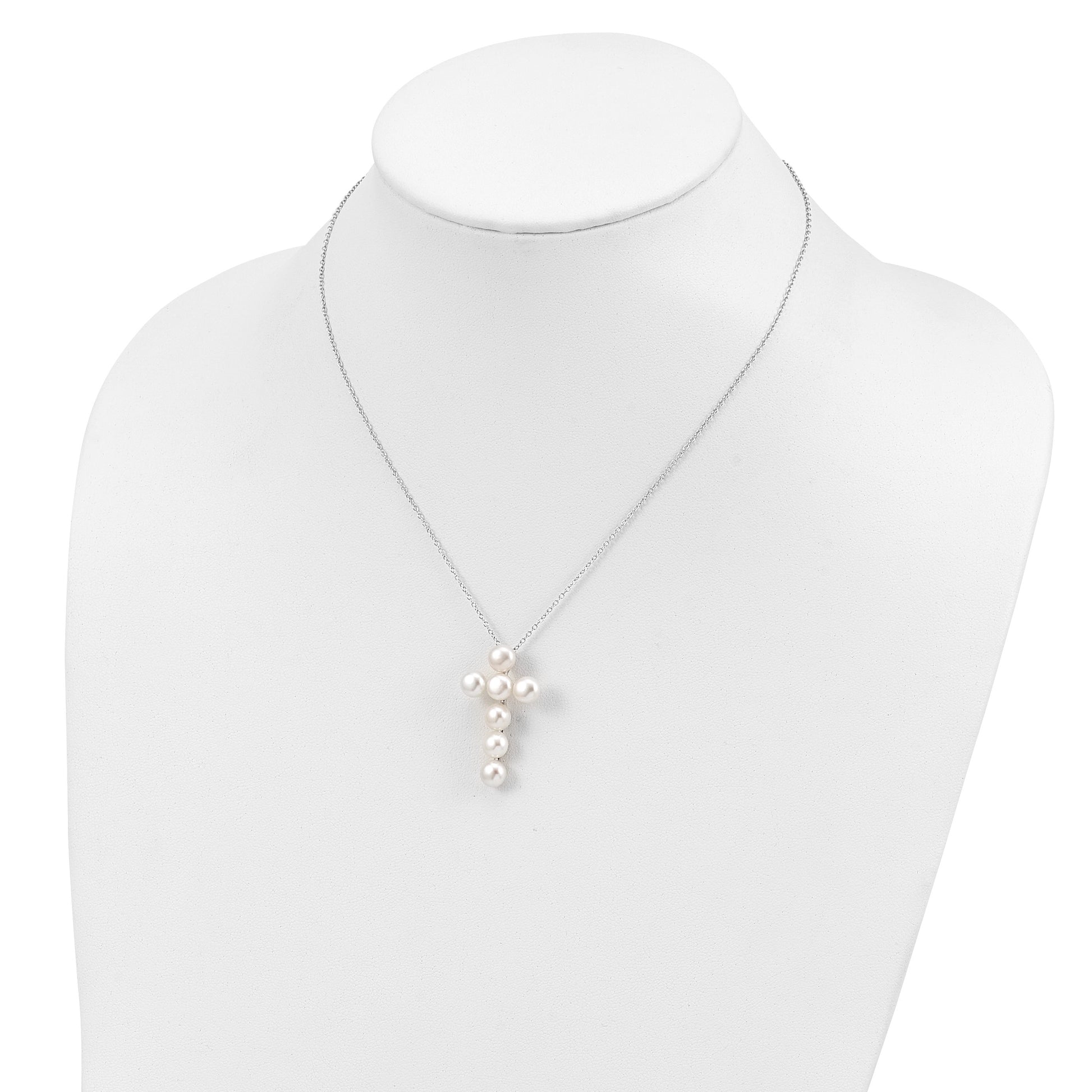 Sterling Silver Rhodium-plated 6-7mm White Button Freshwater Cultured Pearl Cross 17 inch Necklace