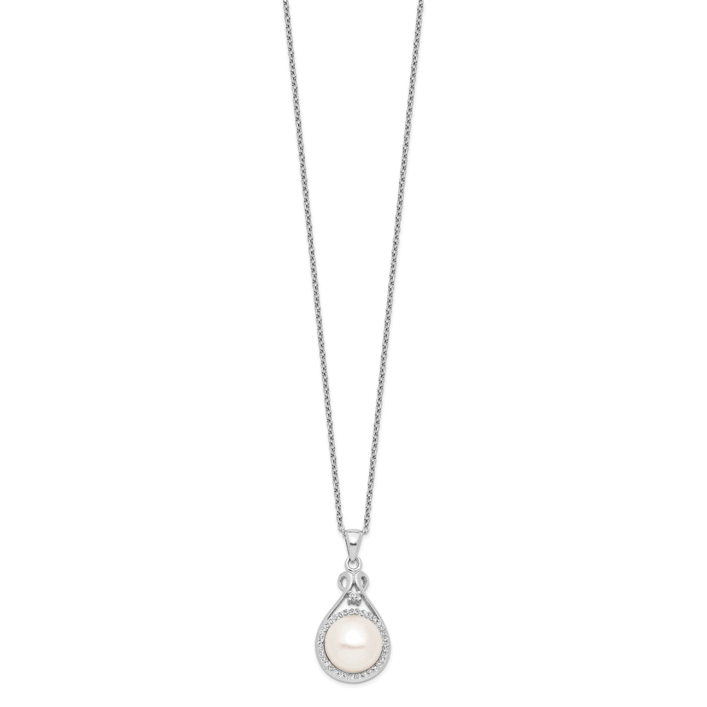 Sterling Silver Rhodium-plated 10-11mm White Button Freshwater Cultured Pearl and CZ 17 inch Necklace