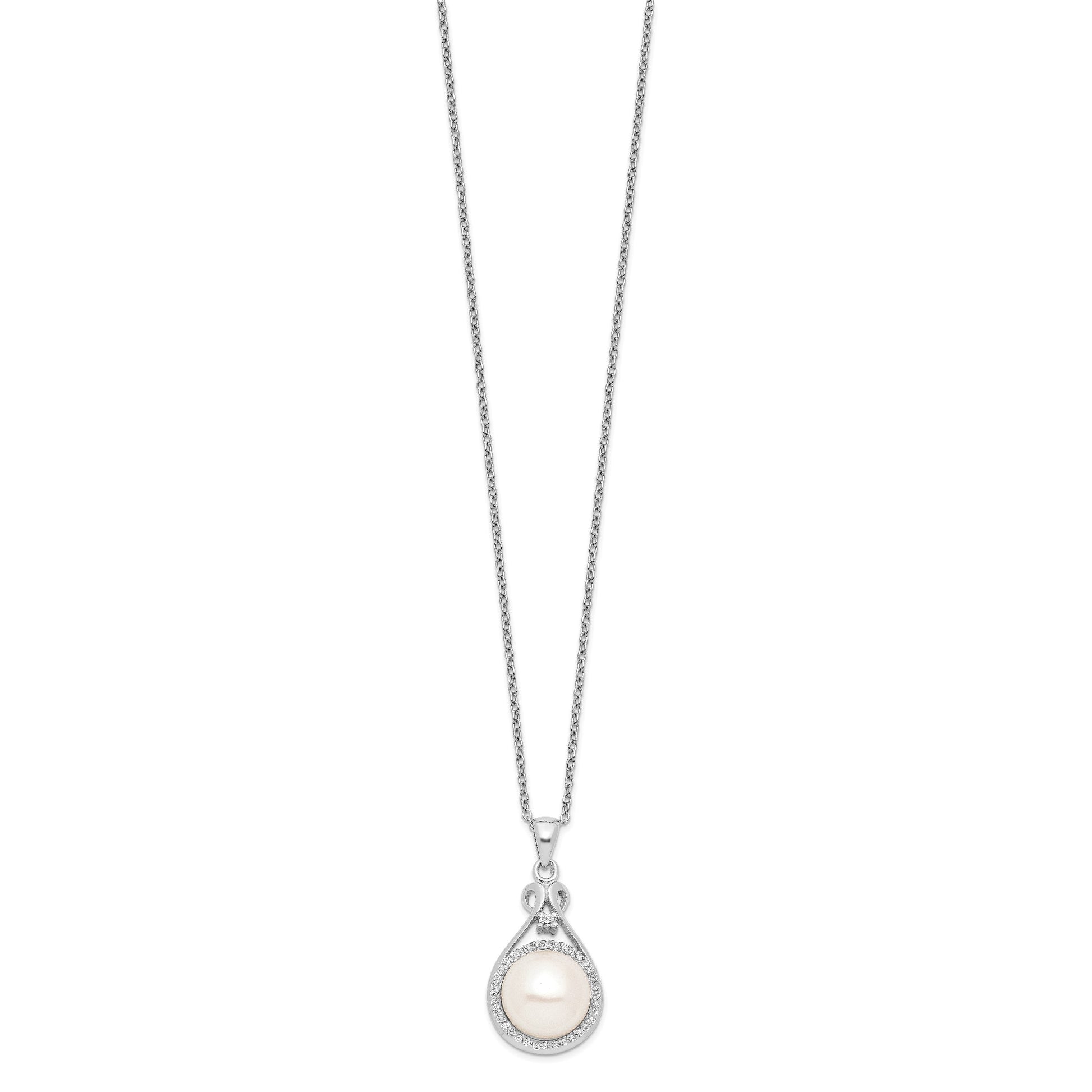 Sterling Silver Rhodium-plated 10-11mm White Button Freshwater Cultured Pearl and CZ 17 inch Necklace