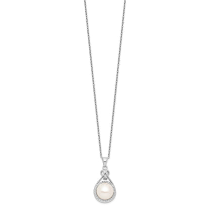 Sterling Silver Rhodium-plated 10-11mm White Button Freshwater Cultured Pearl and CZ 17 inch Necklace