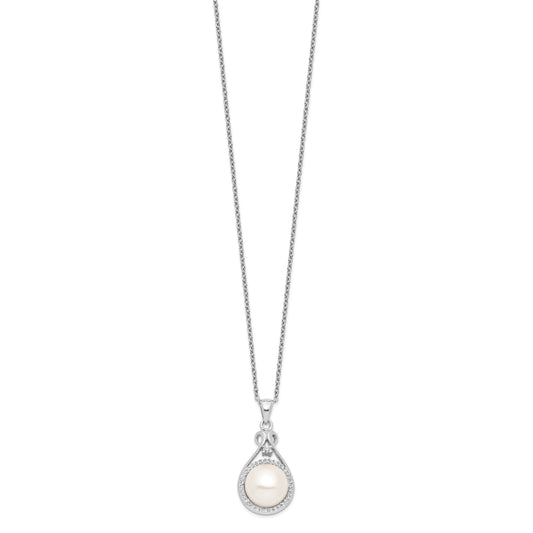 Sterling Silver Rhodium-plated 10-11mm White Button Freshwater Cultured Pearl and CZ 17 inch Necklace