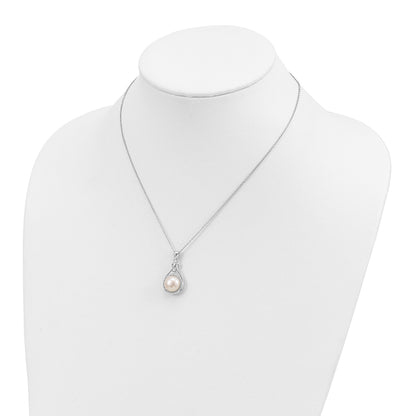 Sterling Silver Rhodium-plated 10-11mm White Button Freshwater Cultured Pearl and CZ 17 inch Necklace