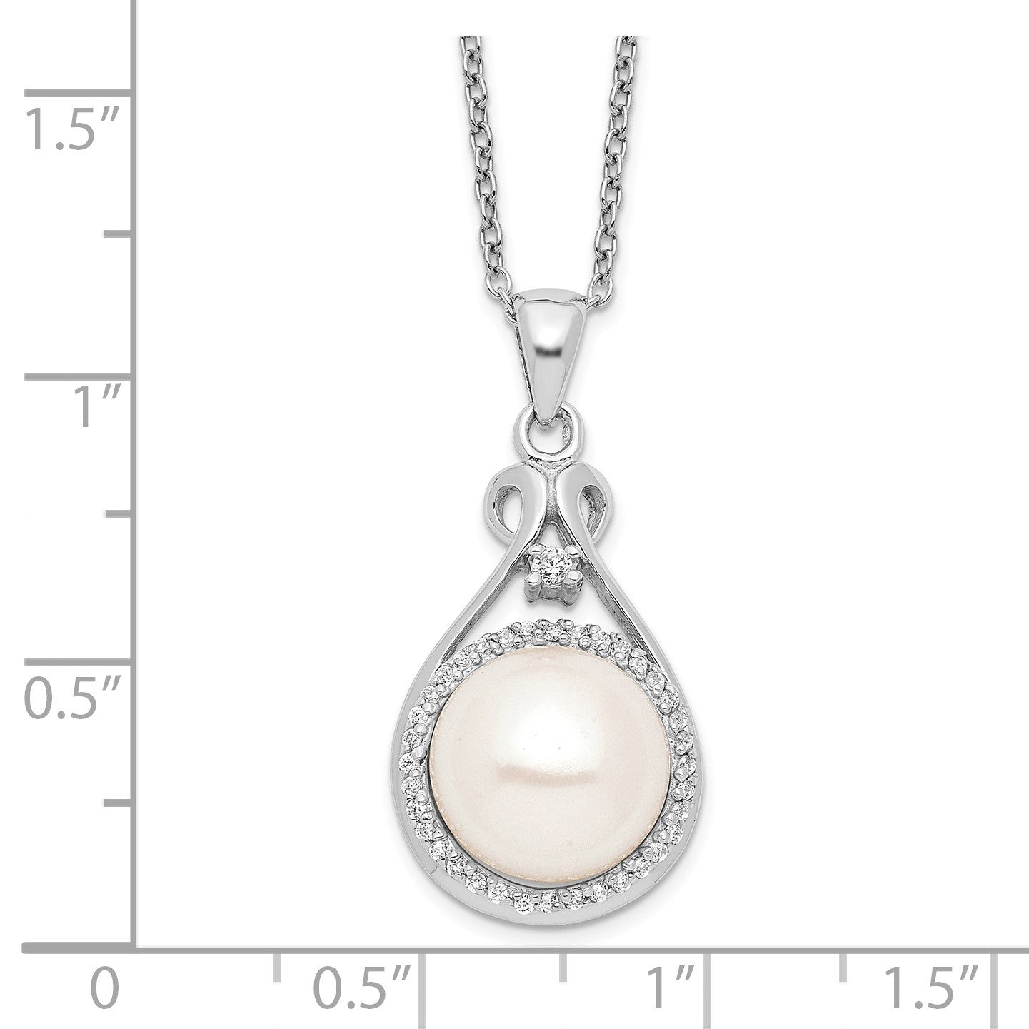 Sterling Silver Rhodium-plated 10-11mm White Button Freshwater Cultured Pearl and CZ 17 inch Necklace