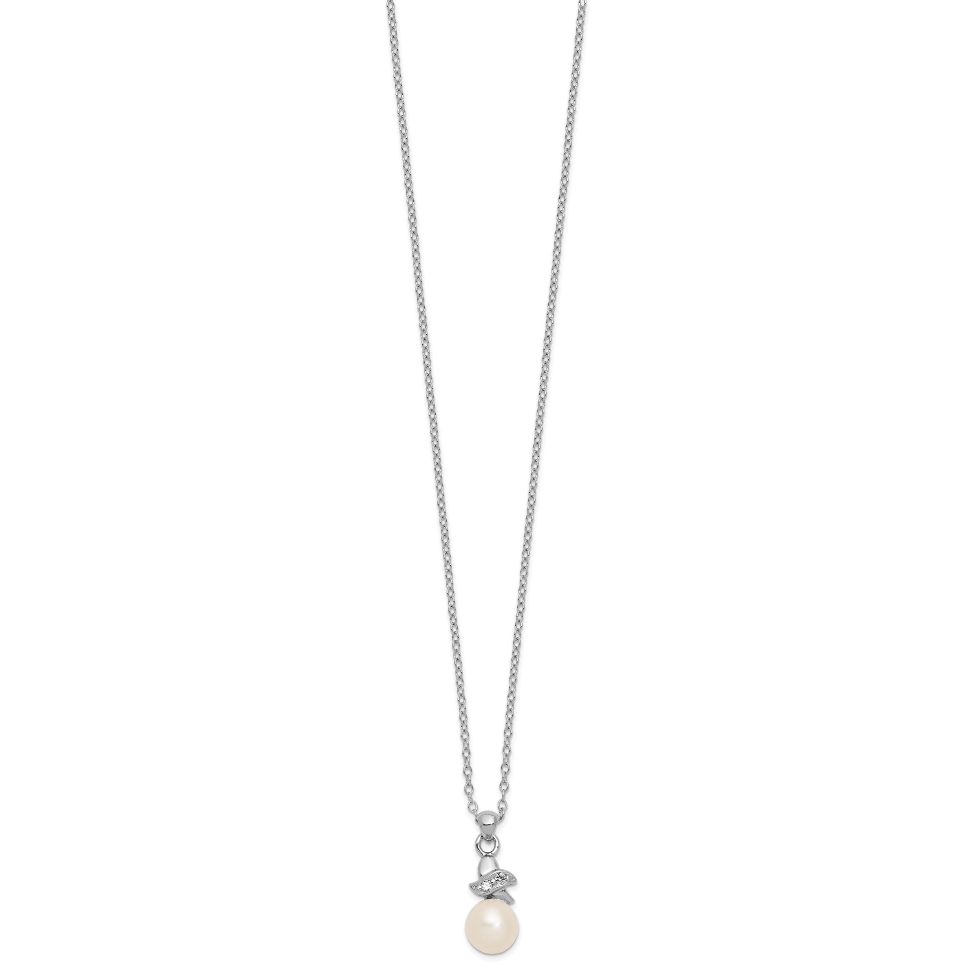 Sterling Silver Rhodium-plated 6-7mm White Button Freshwater Cultured Pearl and CZ 17 inch Necklace