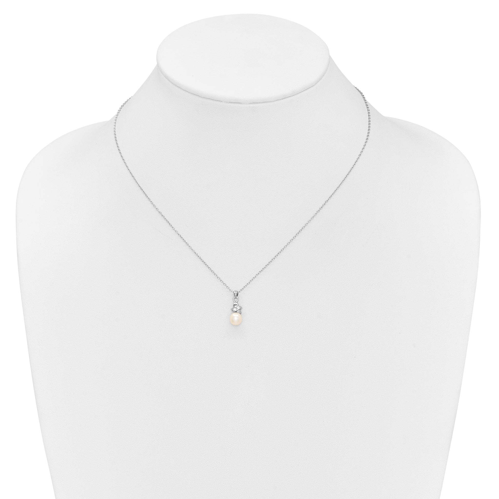 Sterling Silver Rhodium-plated 6-7mm White Button Freshwater Cultured Pearl and CZ 17 inch Necklace