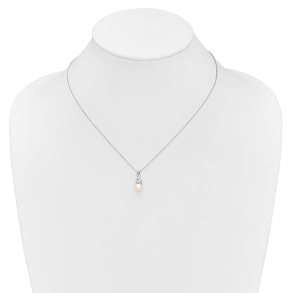 Sterling Silver Rhodium-plated 6-7mm White Button Freshwater Cultured Pearl and CZ 17 inch Necklace