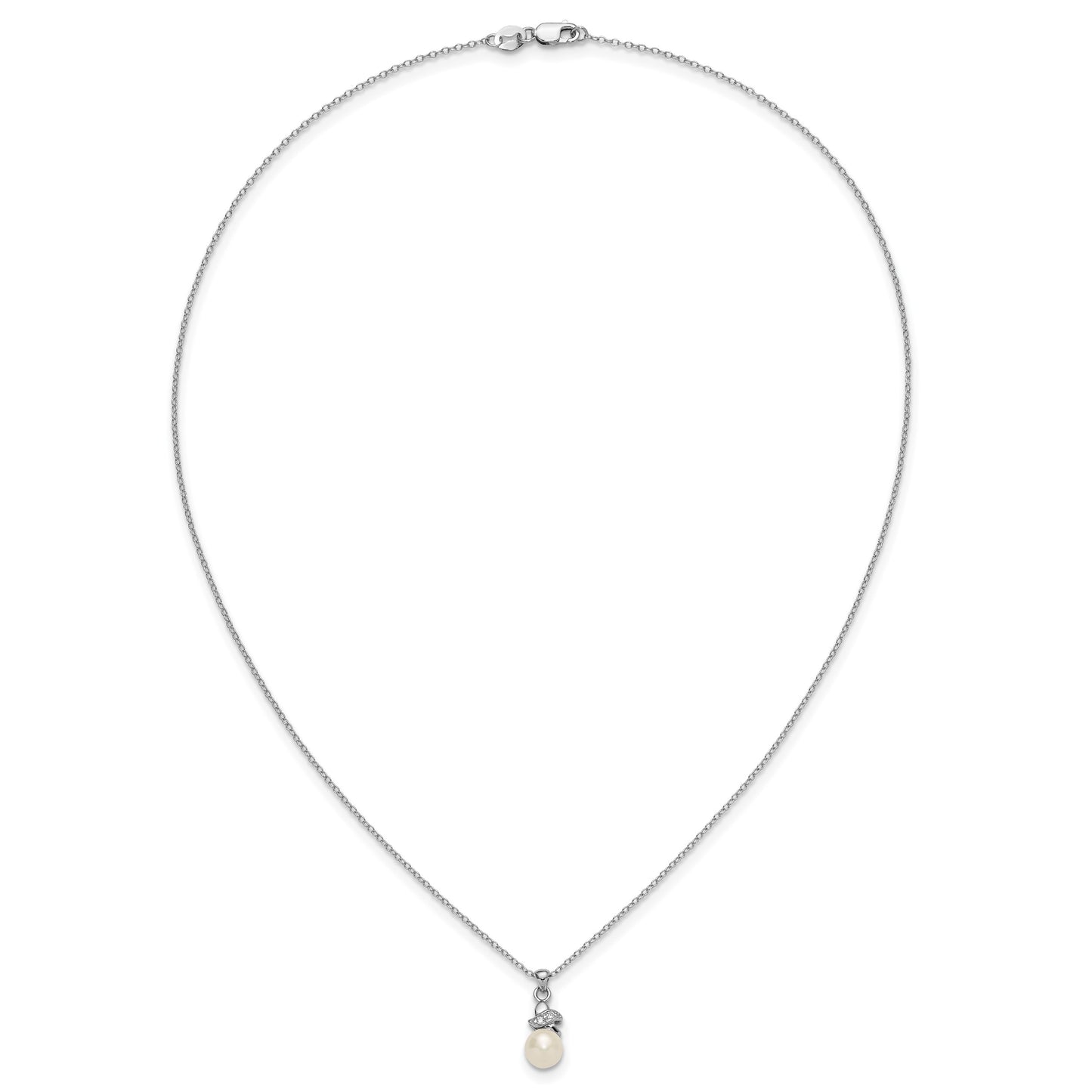 Sterling Silver Rhodium-plated 6-7mm White Button Freshwater Cultured Pearl and CZ 17 inch Necklace