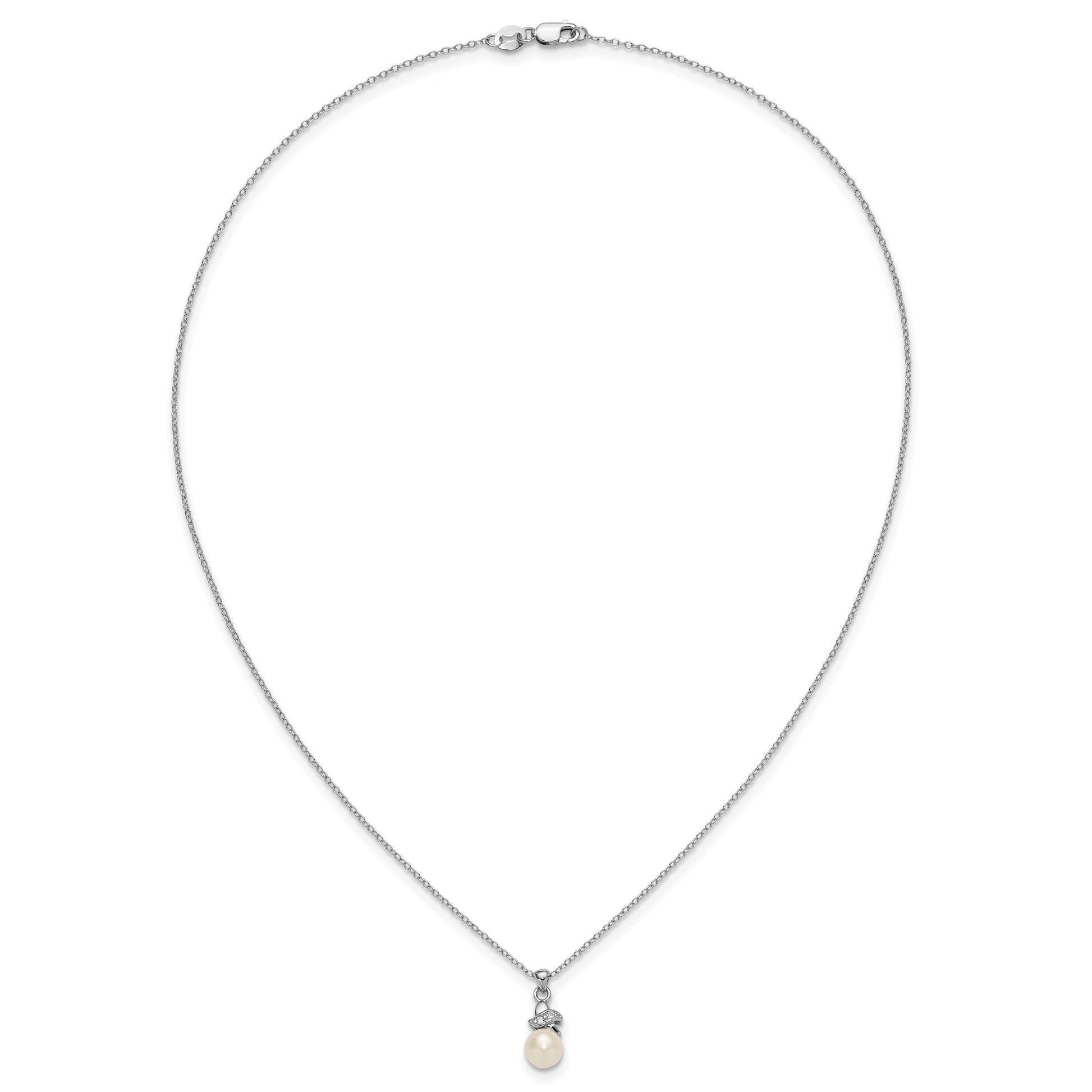 Sterling Silver Rhodium-plated 6-7mm White Button Freshwater Cultured Pearl and CZ 17 inch Necklace